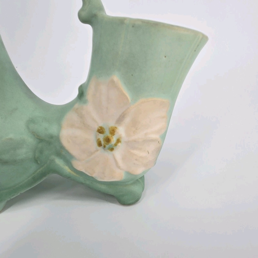 Vintage Weller Wild Rose Double Vase Matte Green Pink Floral Art Pottery 1930s - Picture 7 of 10